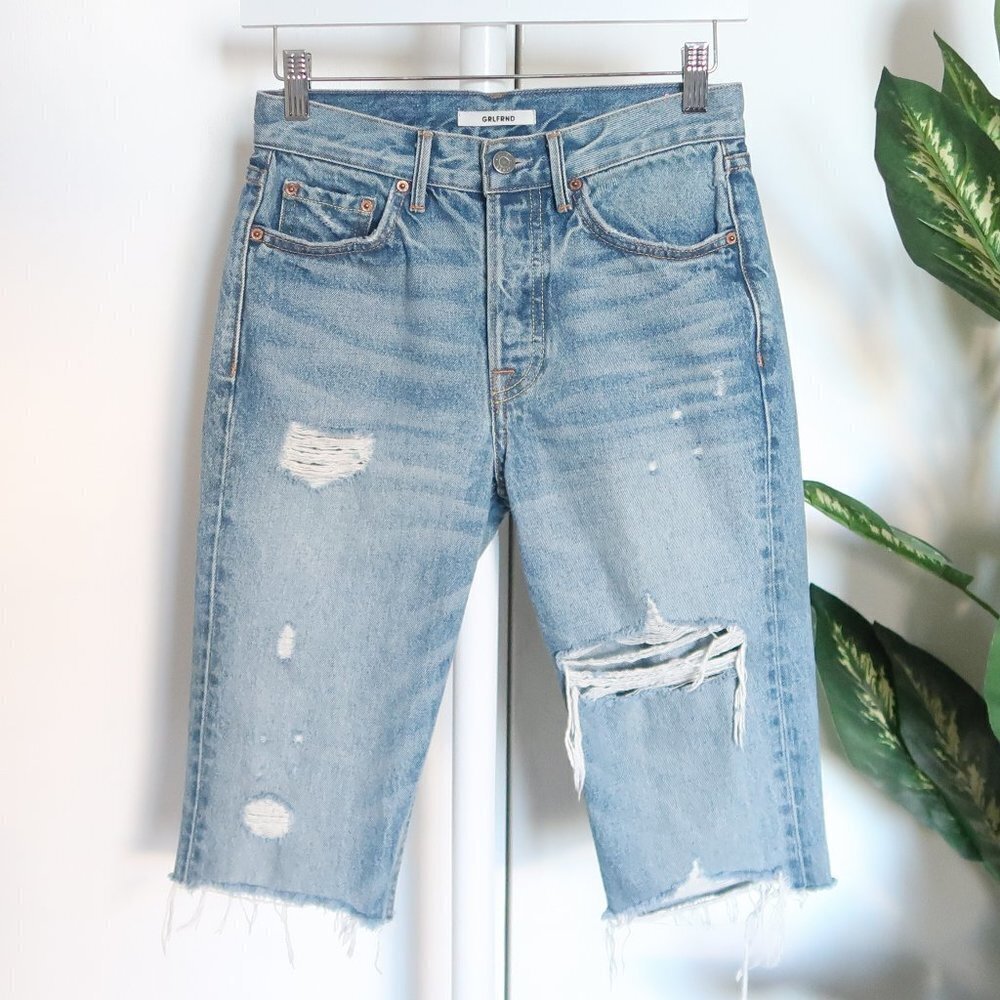 GRLFRND Karolina Mid Wash Blue Distressed Ripped Bermuda Denim / Jean Shorts 24